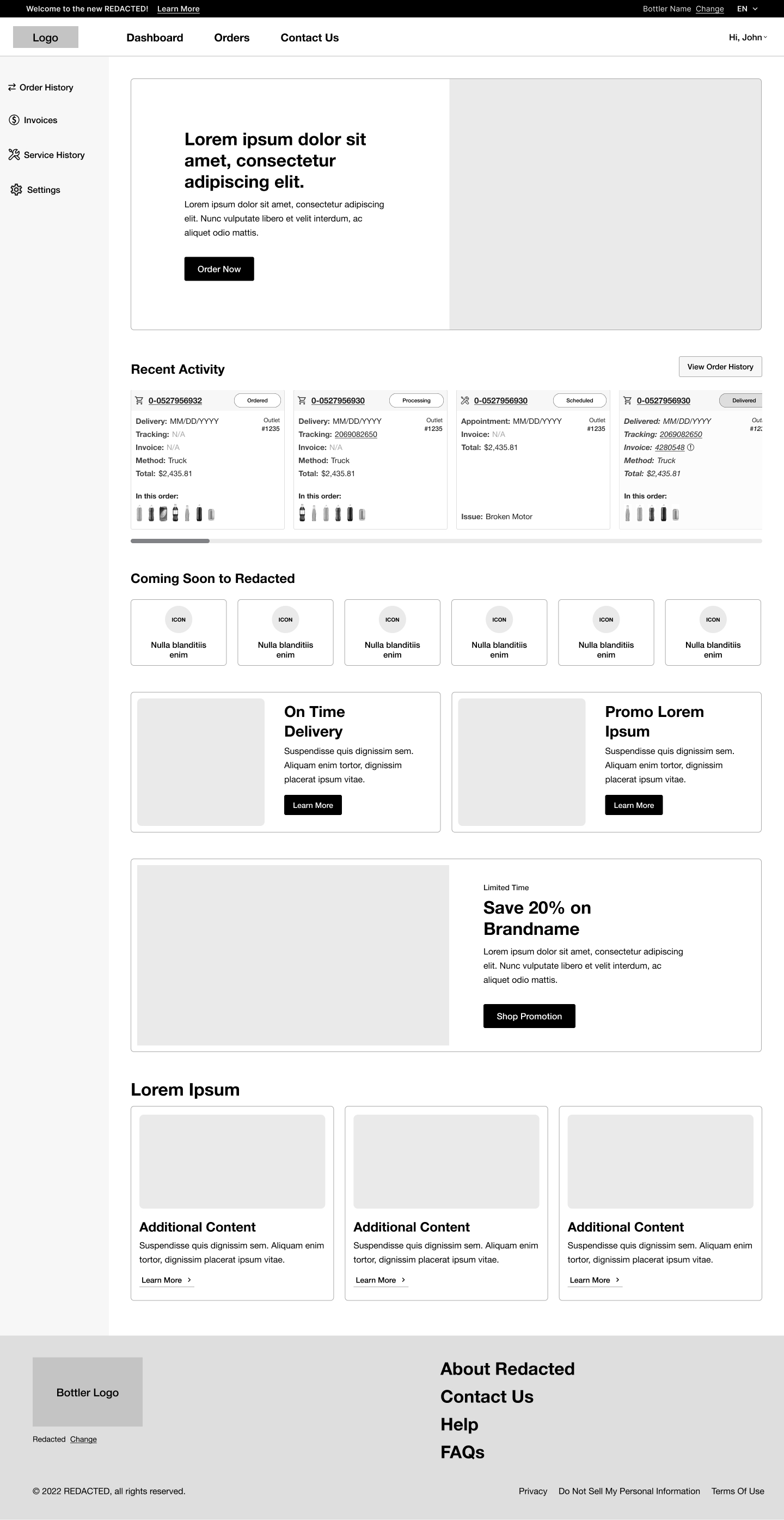 Dashboard wireframe featuring a hero, sidebar, recent activity, and various promotional modules.