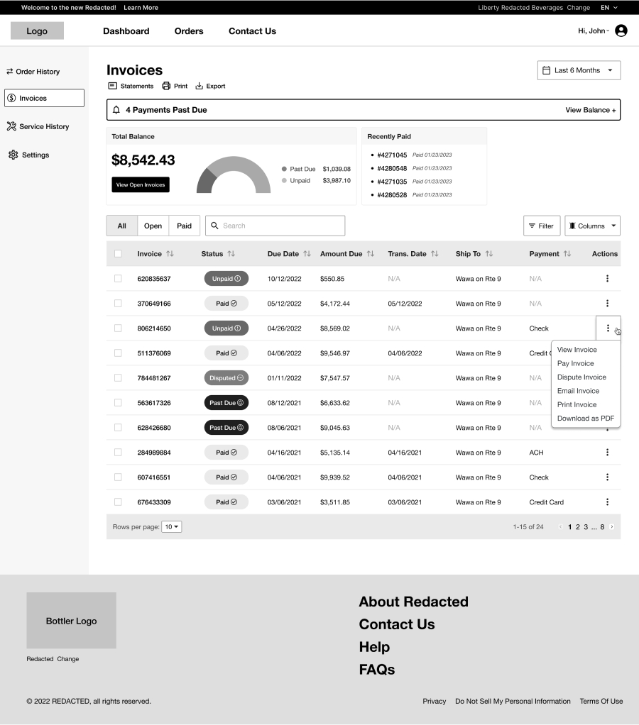 Wireframe of an Invoice dashboard