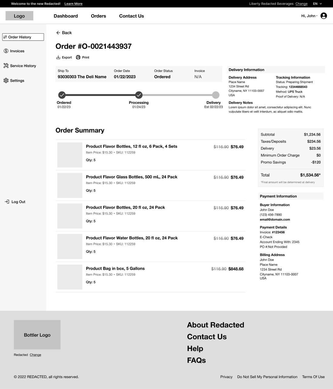 Wireframe of an Order Details dashboard
